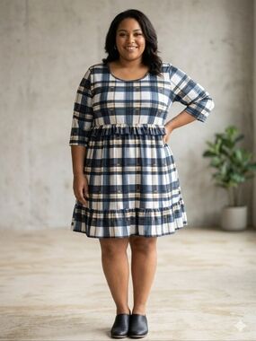 Plus Size Navy, White, And Yellow Plaid Ruffle-Hem Dress